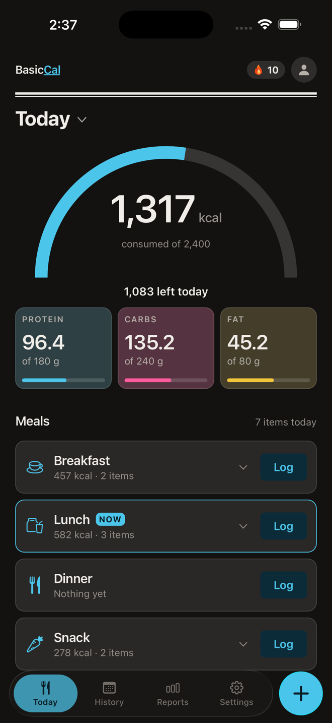 BasicCal Today screen showing calorie tracking with macro breakdown