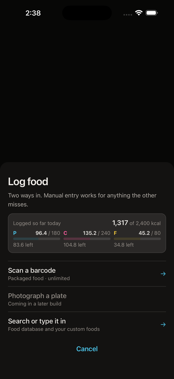 BasicCal log food sheet showing the day's running totals and barcode scanning