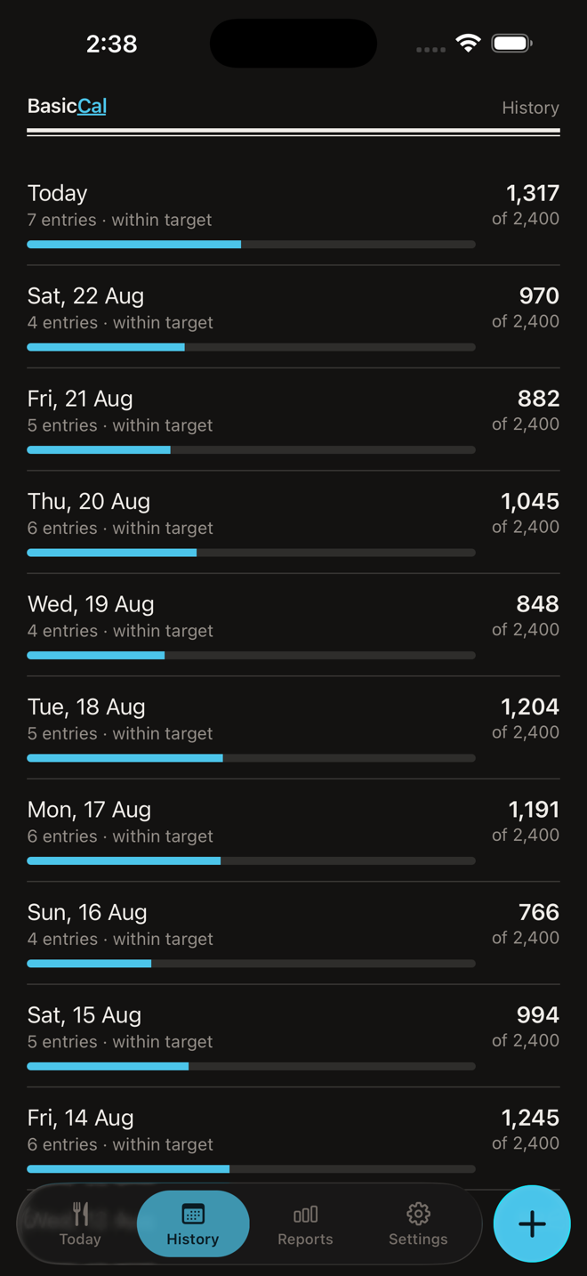 BasicCal history screen showing past entries